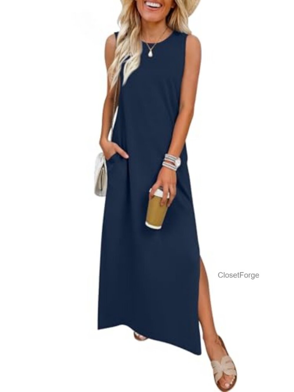 Wrinkle Free Maxi Dress Sleeveless with Pockets Summer Casual Beach